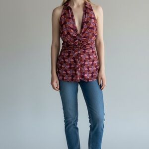 Free People Purple and Pink Patterned Halter Blouse